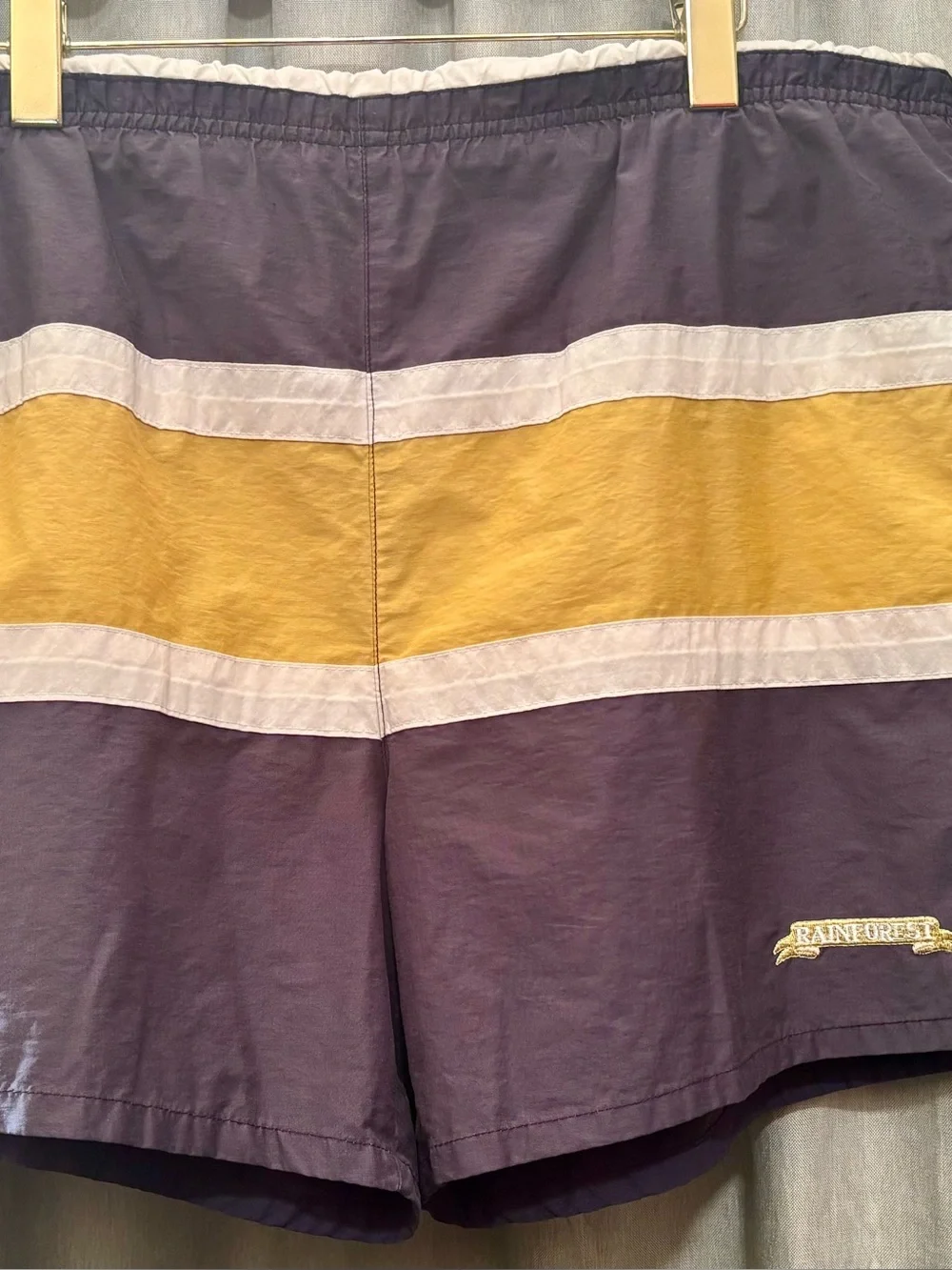 Vintage Rainforest Color Block Swim Trunks Mens Medium Navy Yellow Nylon Mesh Li